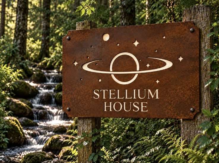 Cartel de Stellium House entre el bosque y un arroyo