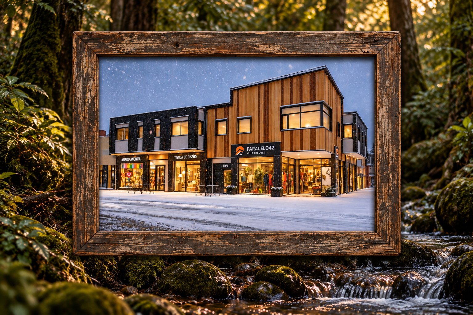 Frente de Stellium House, Av. Ameghino 1109, con nieve al atardecer